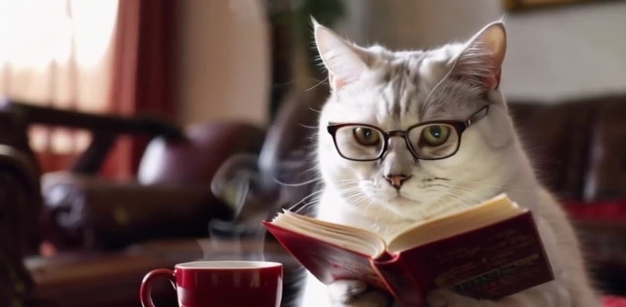 一只戴着金边眼镜的纯白色猫拿着一本打开的书，书是红