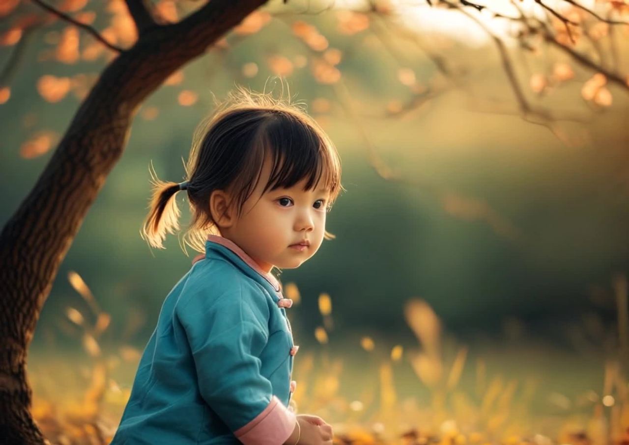 一个穿着蓝色上衣的小女孩侧身坐在室外，她的头发扎成