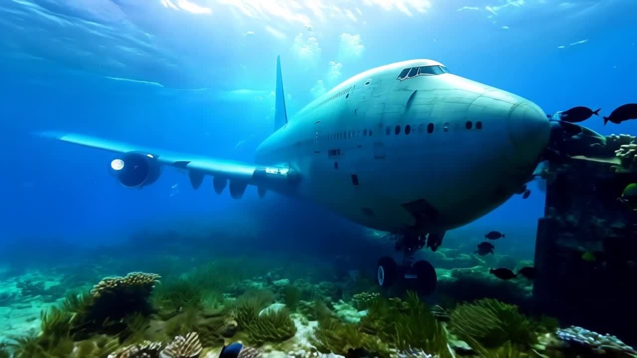一架沉没的波音747飞机位于水下，巨大的机身覆盖着