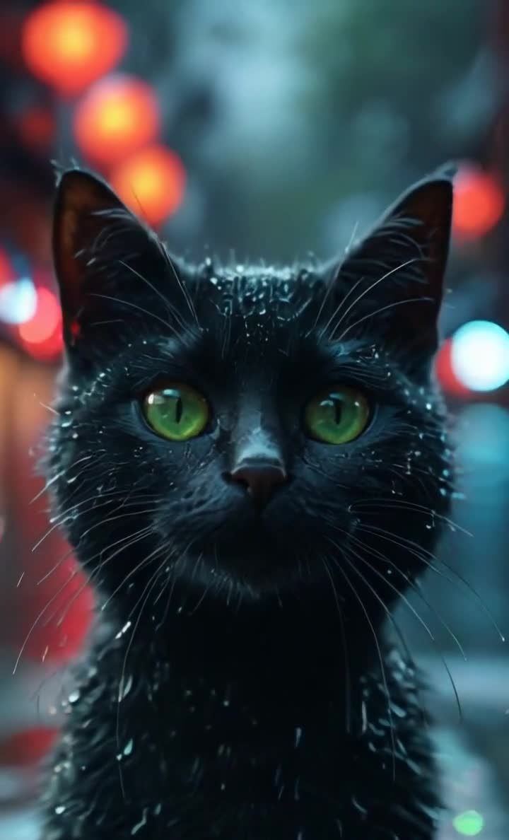 雨中黑猫，绿眼凝视，水滴湿润毛发，背景光点模糊。