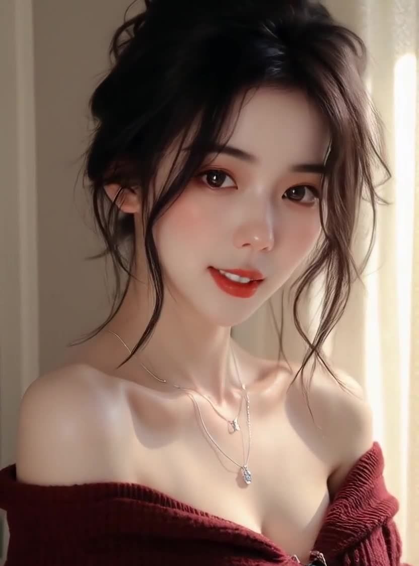 一个年轻女子，深色头发，披肩，穿着红色毛衣。她佩戴