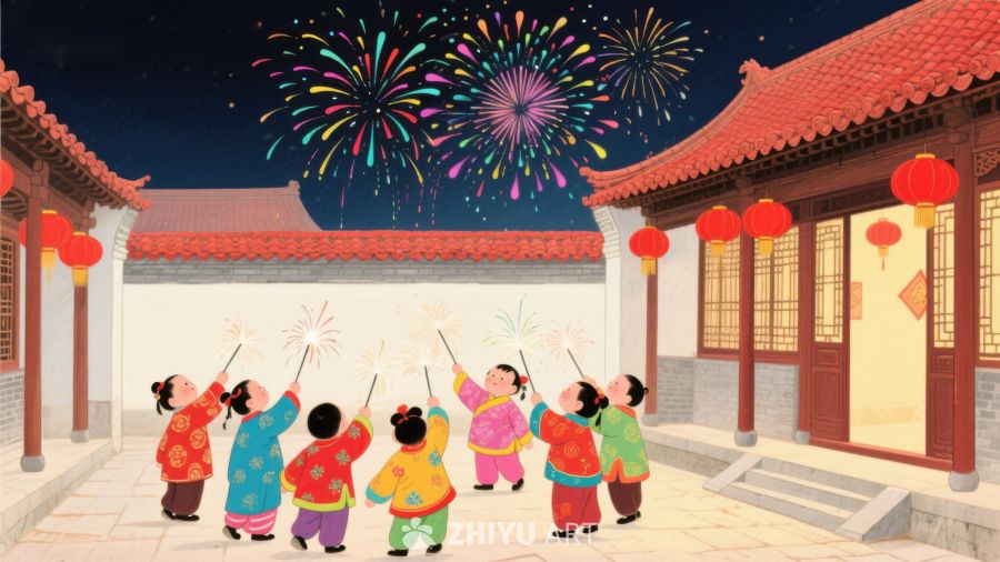 夜空烟花下，孩童欢庆传统节日 1212