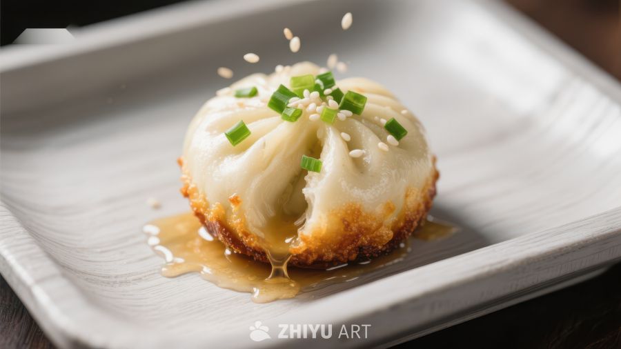 煎饺特写：葱花点缀，酱汁诱人