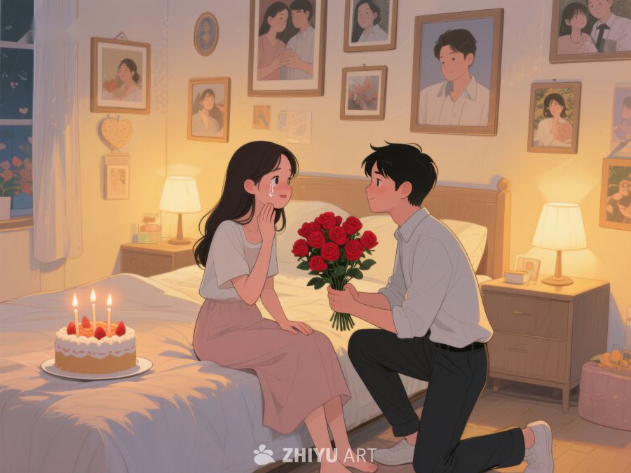 浪漫求婚：蛋糕与玫瑰的温馨时刻 409