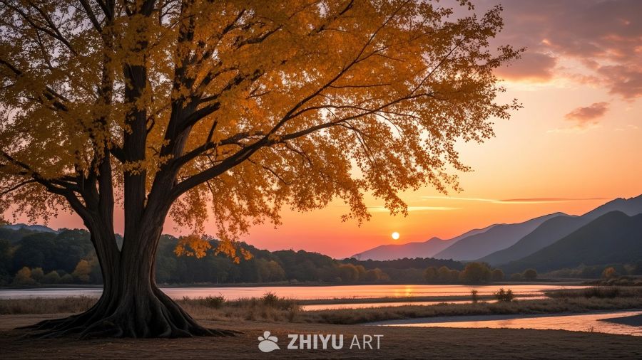 金色夕阳下的孤树剪影 2