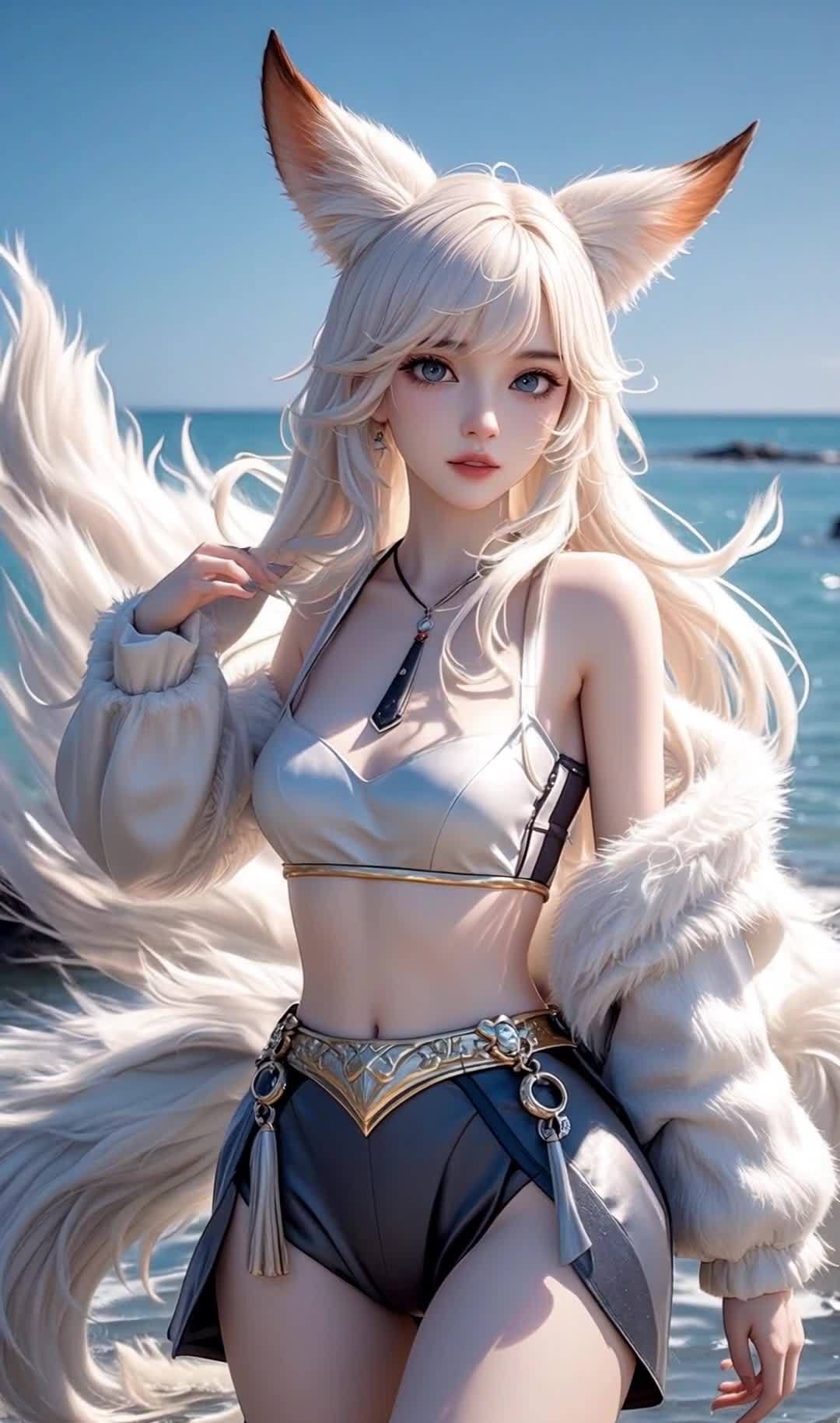 海边银发狐耳少女，金色腰带黑色短裤