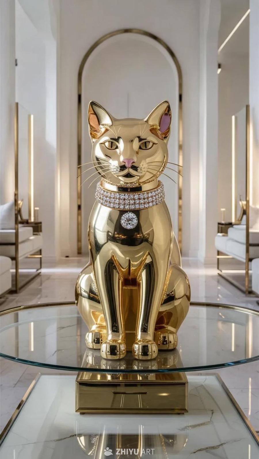 一只金色的猫雕像，戴着镶有钻石的项圈，立于一张简单