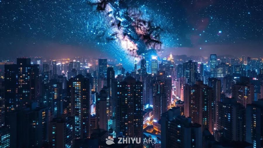 夜幕下的繁华都市，被冷冽而稳定的蓝色光芒照亮。从鸟
