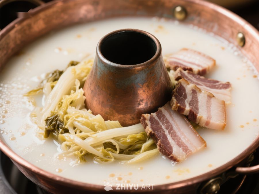 铜锅炖煮的白菜肉片汤 713