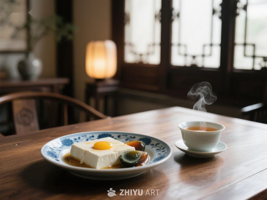 热茶与豆腐蛋黄，传统中式早餐 1289