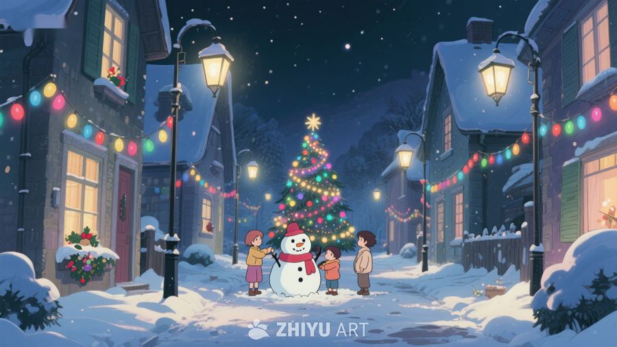 冬夜雪景中的温馨圣诞树 118