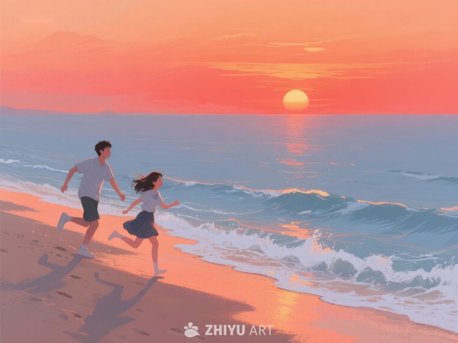 海边日落，两人奔跑 238