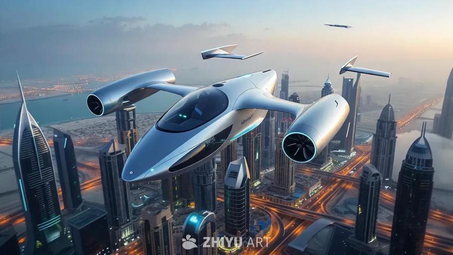 一架未来主义原型电动飞行汽车在空中翱翔，其流线型设