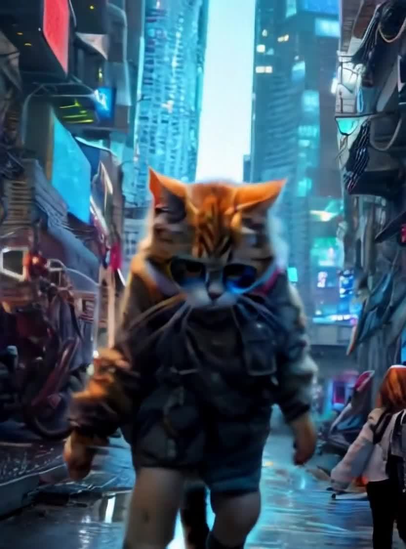 赛博朋克猫漫步霓虹街，时尚装扮引人注目。