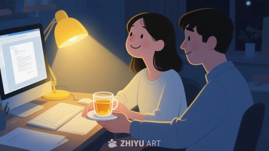 夜晚书房中温馨共读的两人 597