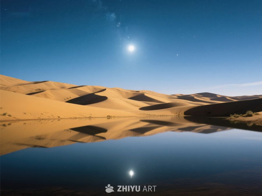 沙漠夜景，月光映照水面 79