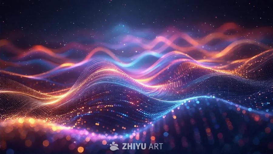 背景呈现出抽象的数字数据波浪运动，如同水晶般的纹理