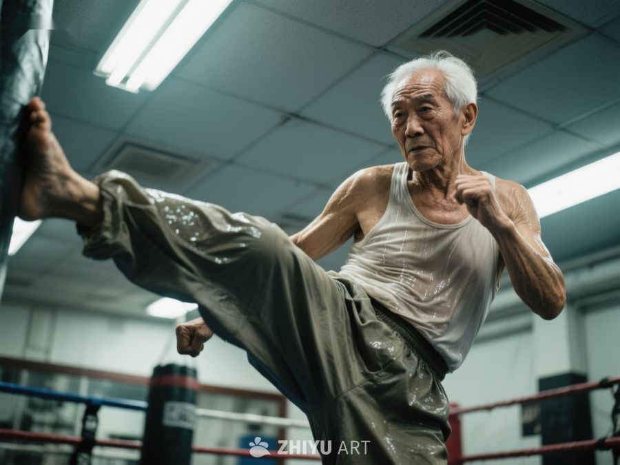 老人在拳击馆练习高踢腿 521