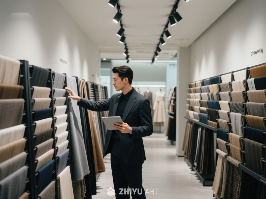 男士在面料店挑选布料 260