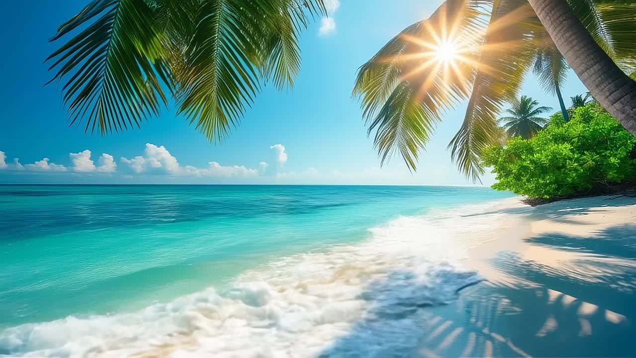 海浪拍打着白色沙滩，阳光透过棕榈树叶洒下，蔚蓝色的