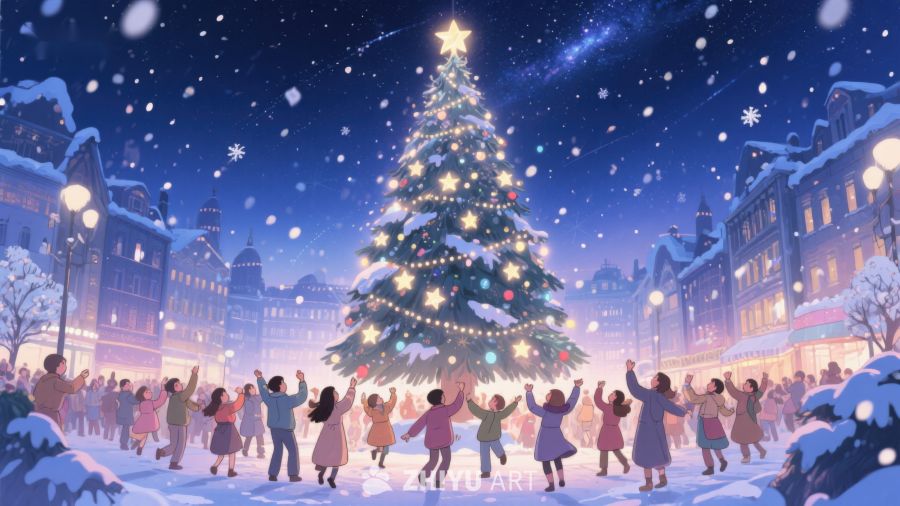 雪夜广场上的圣诞树与欢庆人群 377