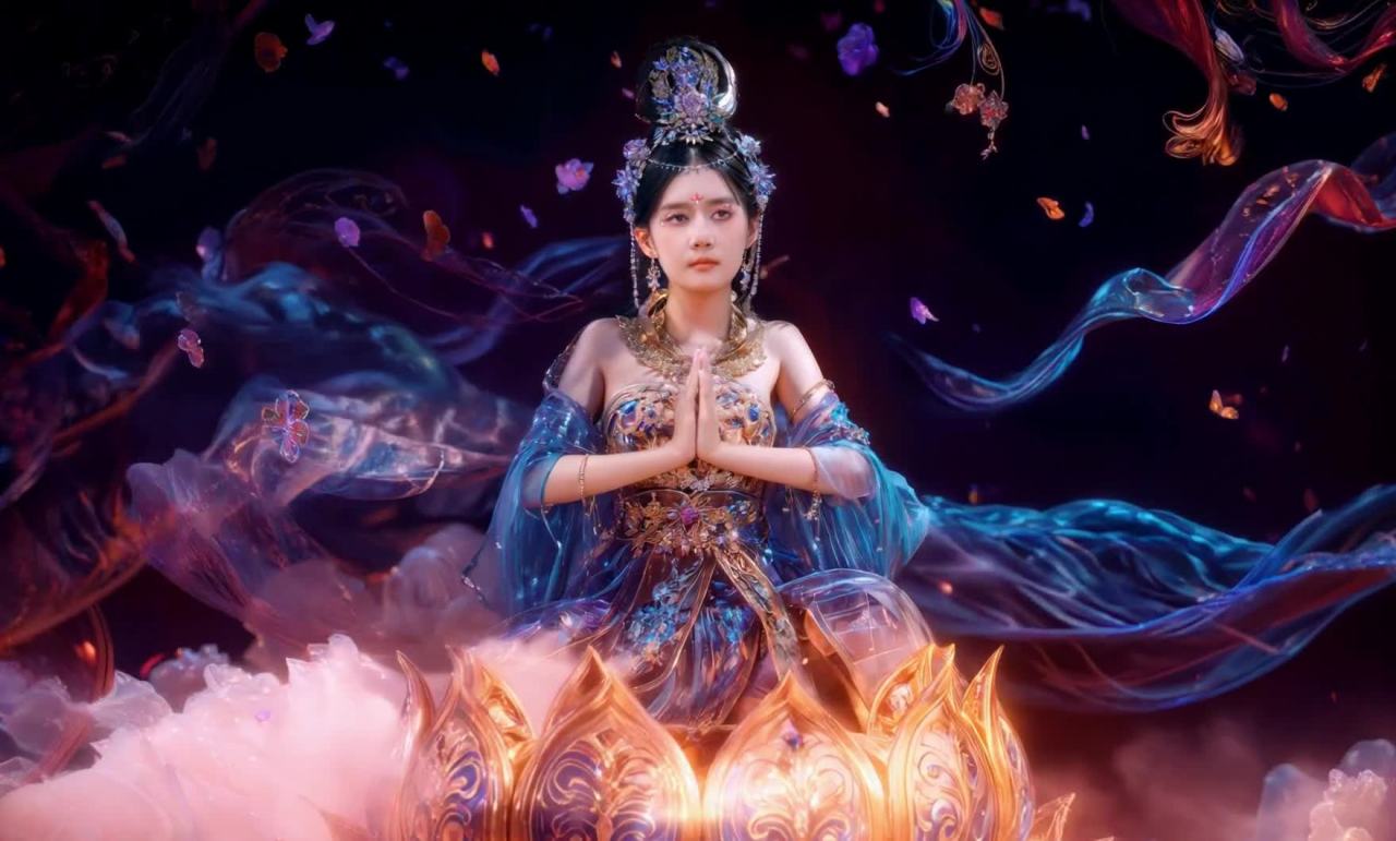 一位女子坐在一个巨大的莲花形底座上，她穿着蓝色和金