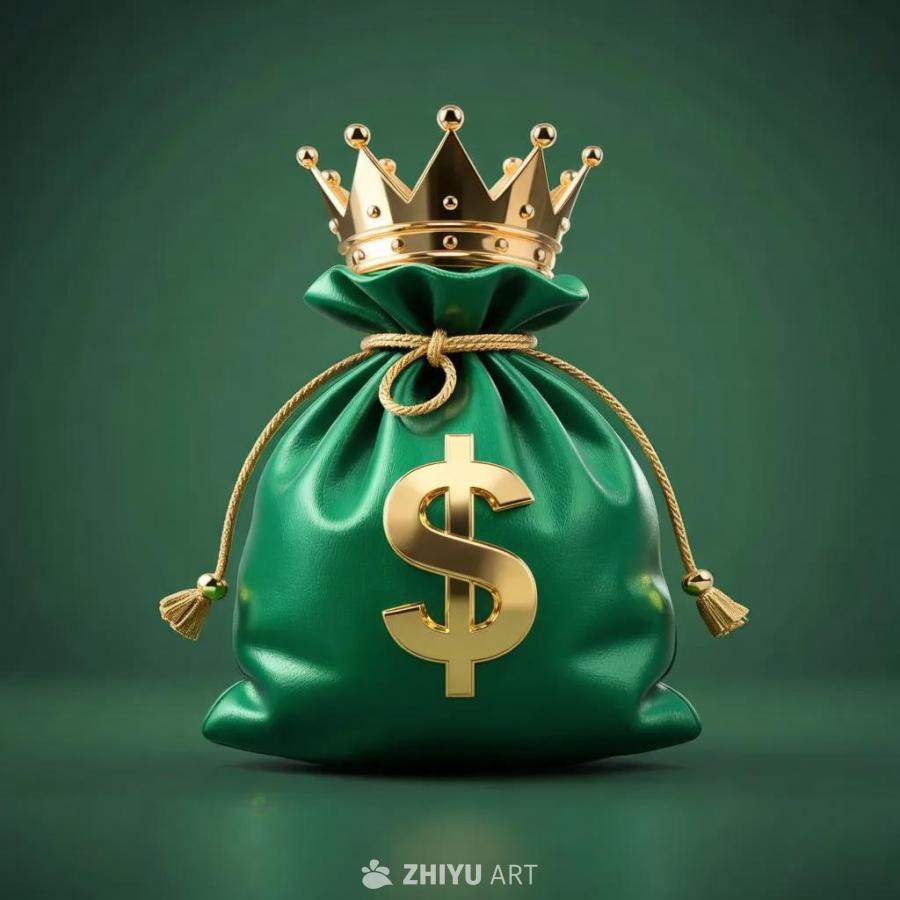 一个绿色的钱袋，带有金色的束带。钱袋上放置着一个闪