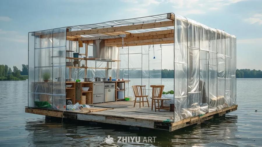 一个漂浮在水上的建筑物，由透明塑料墙壁和木板框架构