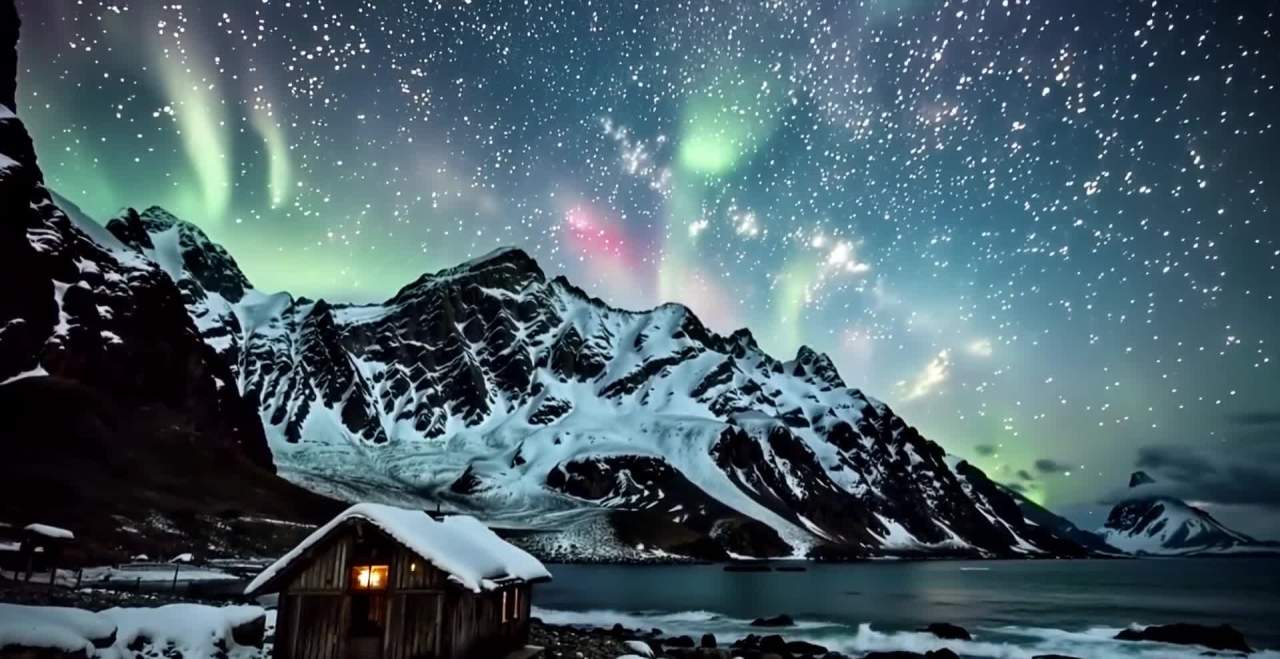 北极极光在夜空中闪耀，呈现出绿色和粉色的光芒，点缀