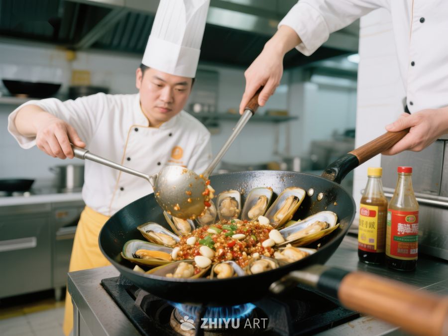 厨师团队协作烹饪海鲜炒菜 79