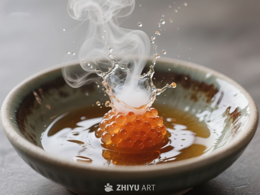 热汤中的鱼子酱溅起蒸汽 955