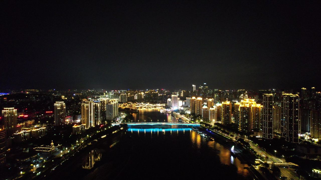 福建福州闽江两岸夜景航拍 