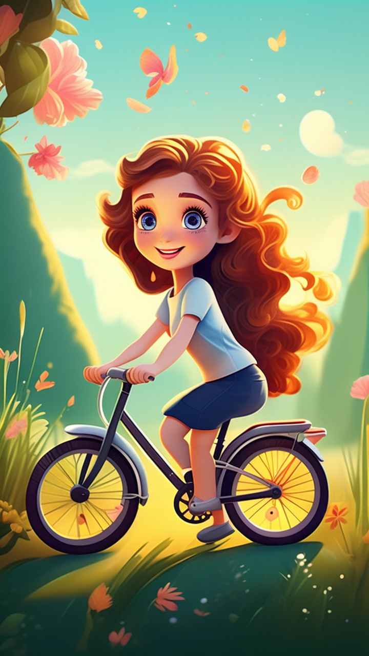 卡通可爱的女孩骑自行车梦幻般的意象 6