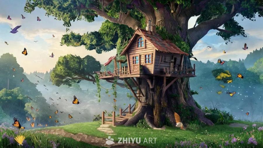 森林边缘有一间树屋。蝴蝶和鸟儿在空中飞舞，营造出美