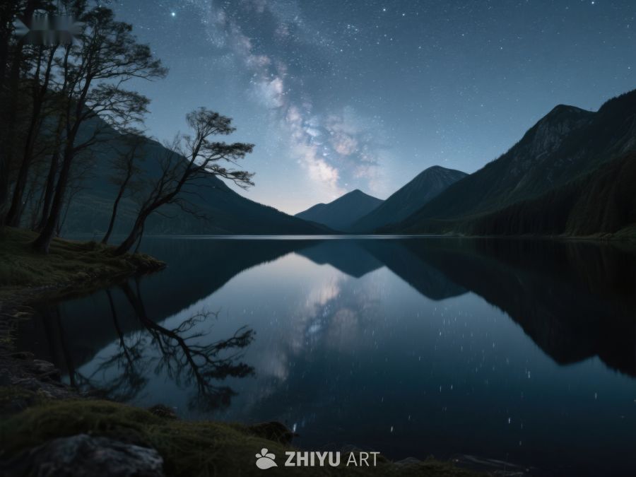 夜空银河映湖面，山林静谧如梦 437