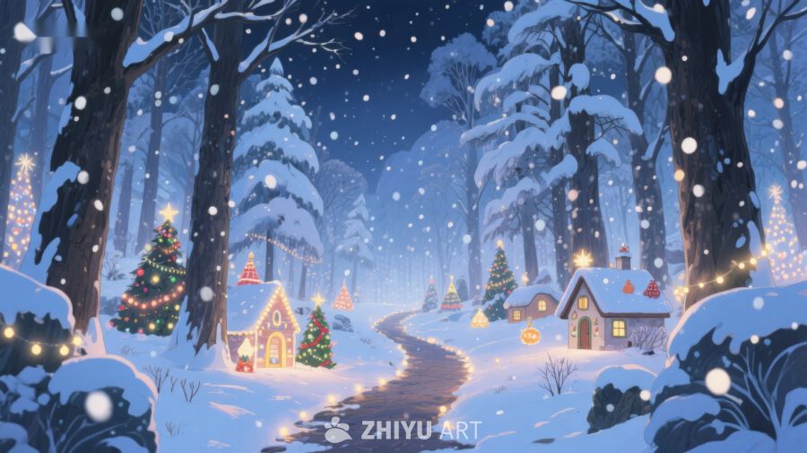 雪夜森林中的温馨小屋 359