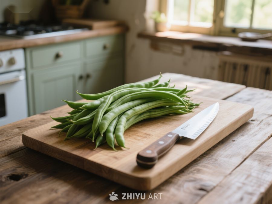 新鲜四季豆置于木制砧板上 516