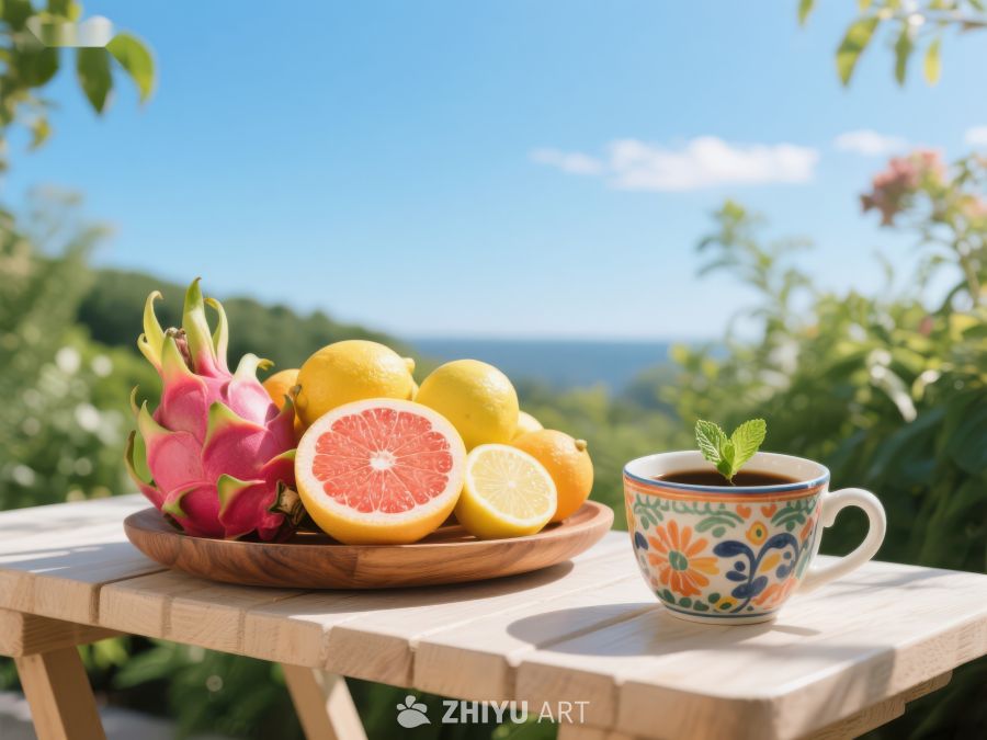 户外桌上的水果与茶杯 293