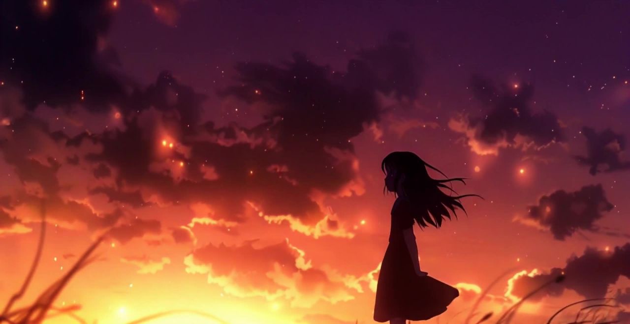 夕阳下伫立的女孩凝视着星空，风吹拂着长发。