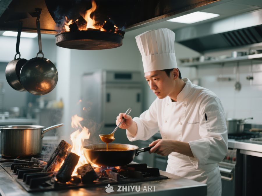 厨师专注烹饪，火焰映衬厨房场景 63