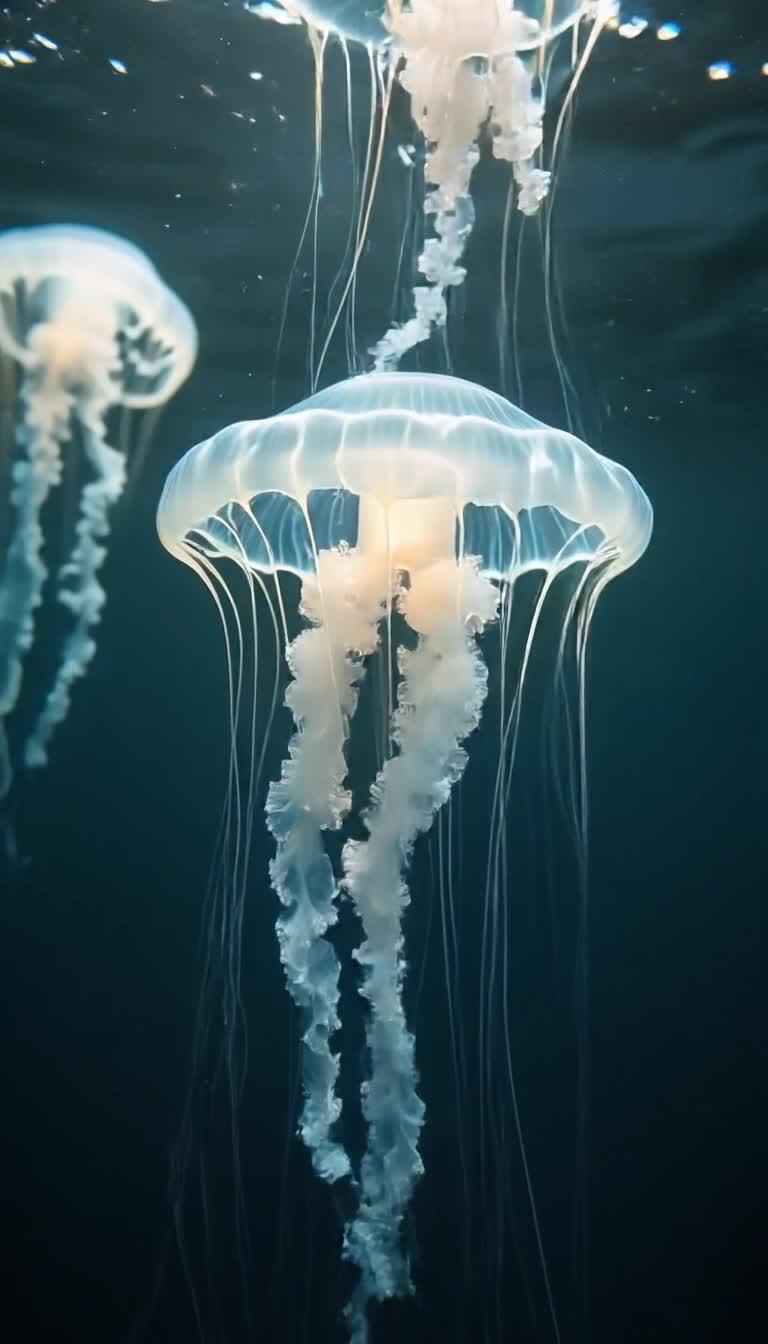 宽视角的镜头下，几只发着柔和白光的透明水母漂浮在水