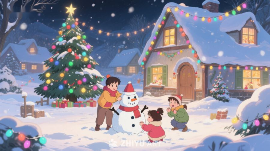 冬夜雪地，孩子们堆雪人 102