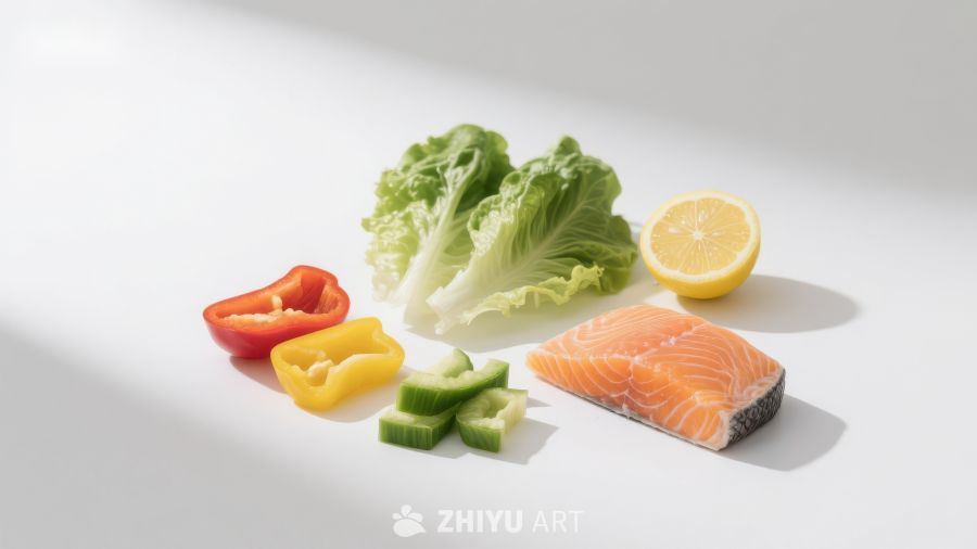 新鲜食材：三文鱼、蔬菜与柠檬