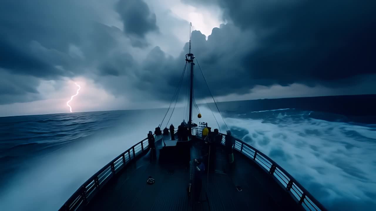 一艘船在暴风雨中航行，巨大的海浪拍打着船身。天空乌