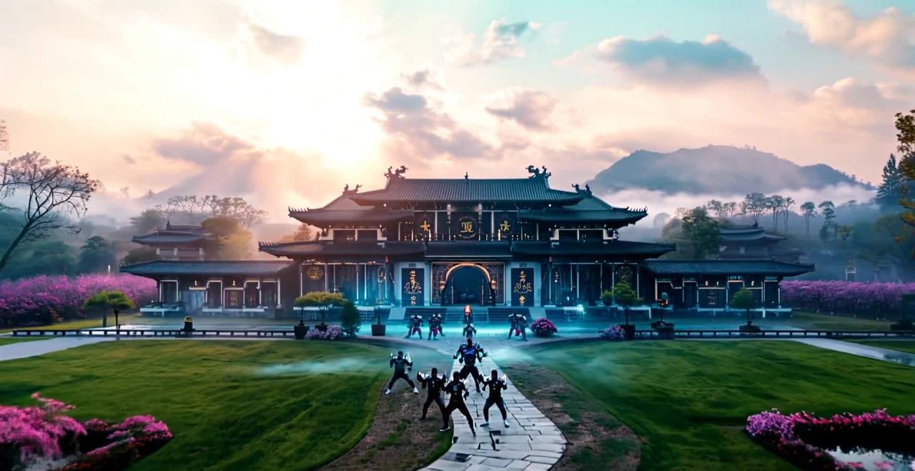 画面中呈现的是一座具有科技古武风格的建筑，建筑风格