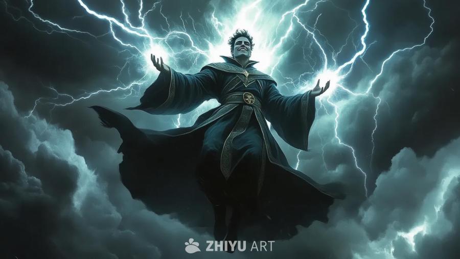 一位身穿长袍的人漂浮在空中，周围环绕着风暴云。闪电
