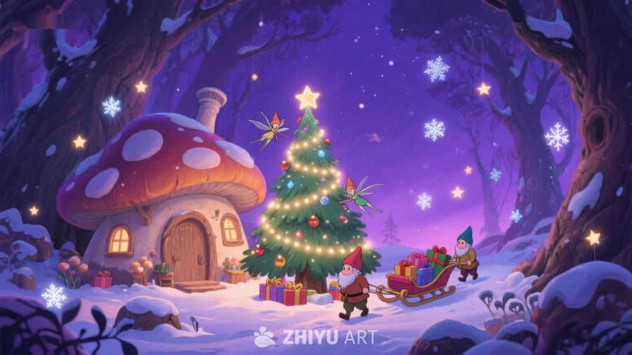 梦幻圣诞夜：雪地小屋与圣诞树 148