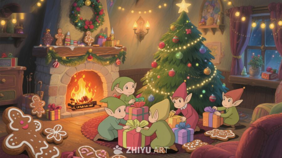 圣诞精灵围炉送礼温馨场景 184