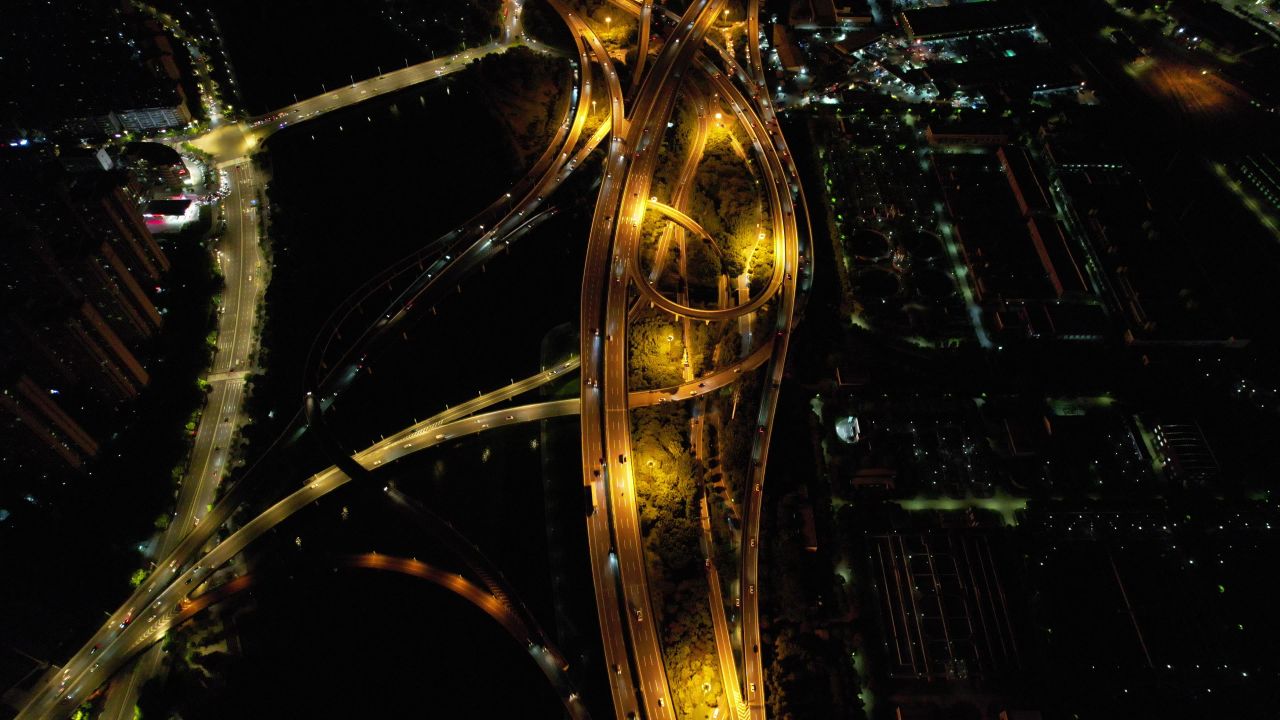 福建福州城市夜景灯光交通高架桥航拍 