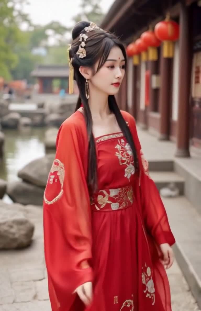一位身着红色汉服的女子站在室外，背景是仿古建筑。她